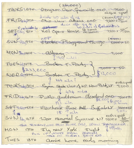 The Who Tour Schedule From 1969, Handwritten by John Entwistle -- Entwistle Also Includes Notes & Financial Information, Likely How Much They Were Paid for Each Gig